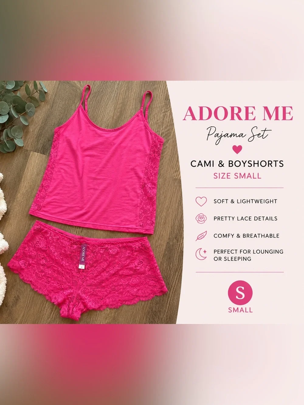 Adore Me Hot Pink Lace Cami & Boyshort Pajama Set | Size Small